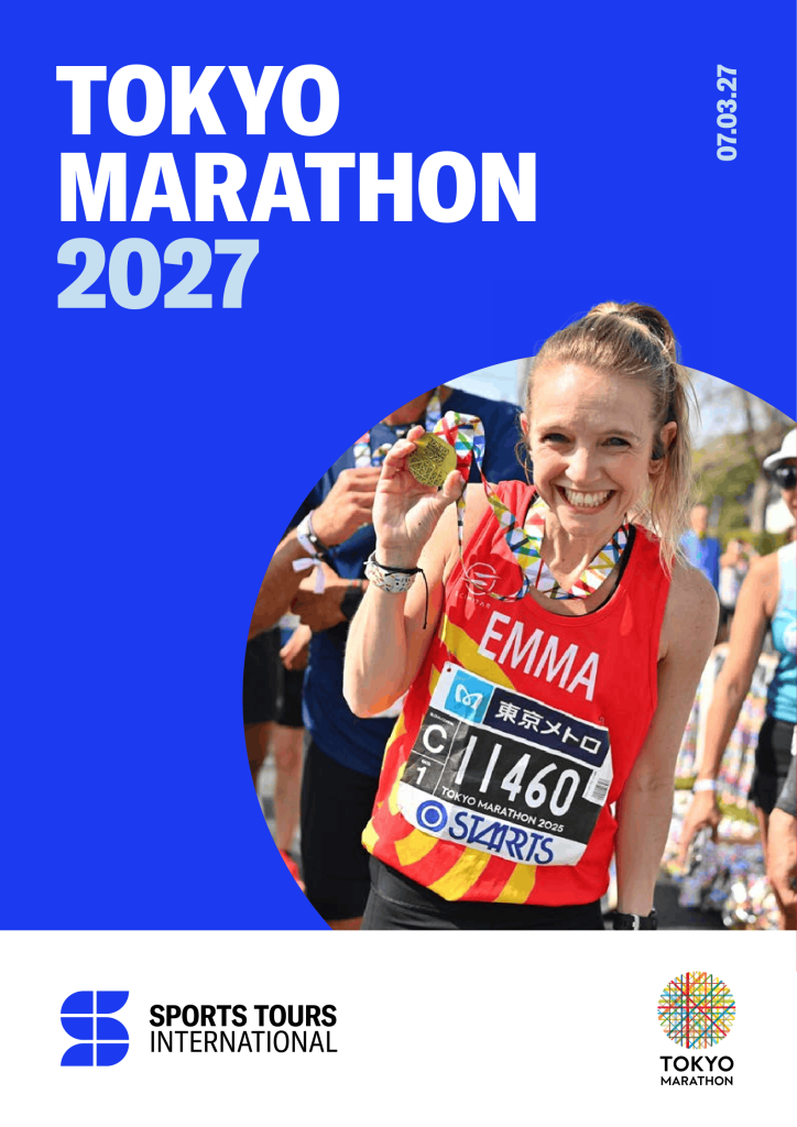 The Tokyo Marathon Brochure with a women posing for a photo holding her Tokyo Marathon medal.