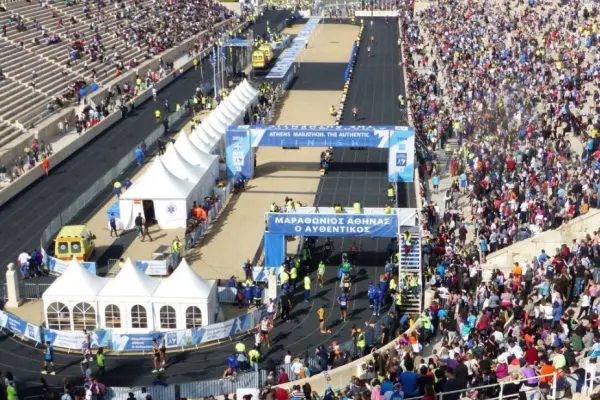 A view of the marathon runners on the Athens marathon course
