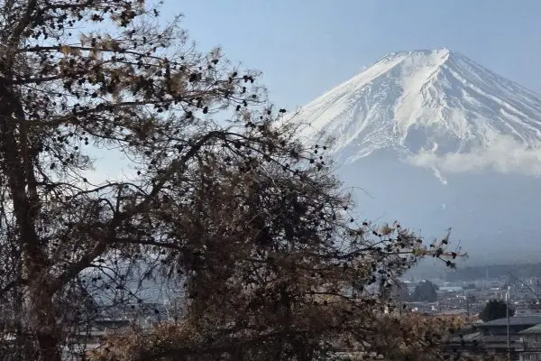 A landscape view of Mount Fuji, Japan, covered in snow.