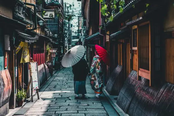Two ladies walking the cobble streets of Kyoto