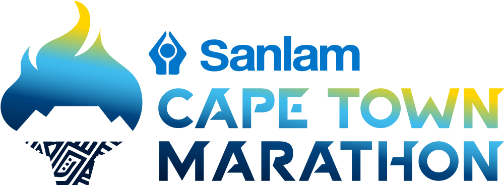 Official event logo for the Sanlam Cape Town Marathon featuring the symbolic peace flame fused with the iconic Table Mountain, a traditional African Mud Cloth pattern, and text in yellow and blue.